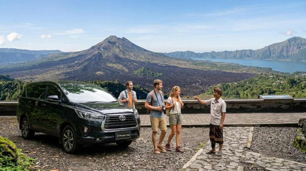 Private driver in Kintamani Bali with tourists and Mount Batur
