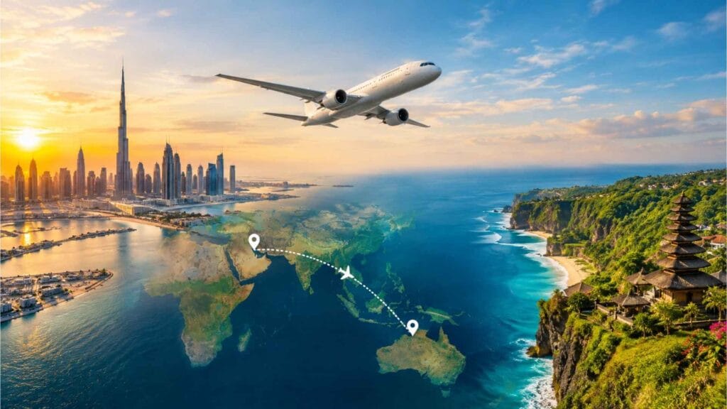 Dubai to Bali flight time and travel route