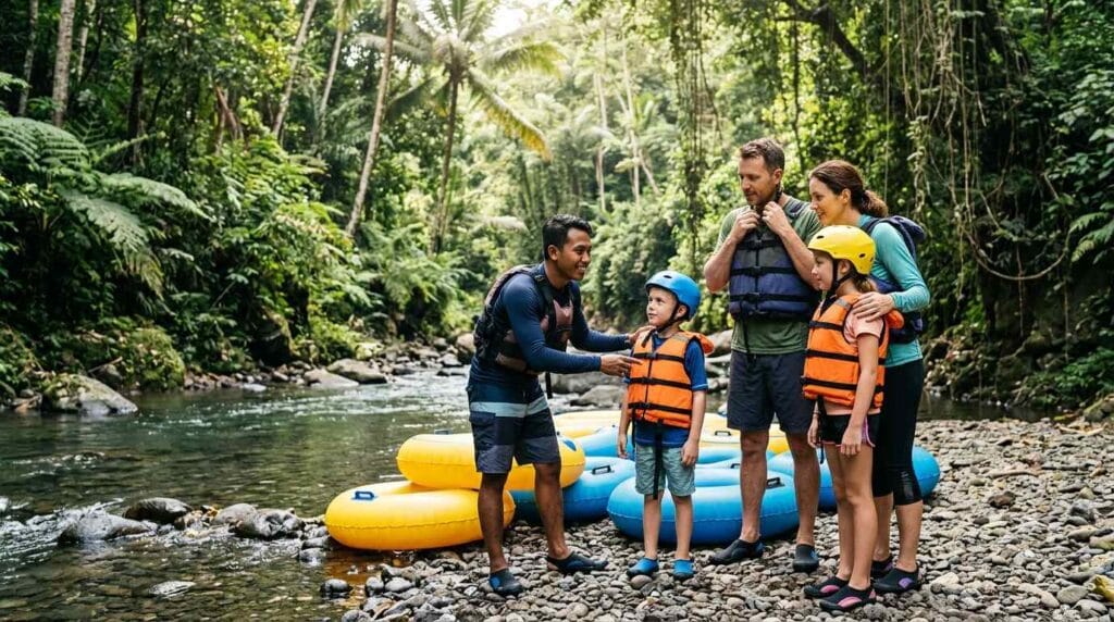 Bali tubing for kids with parents on a jungle river