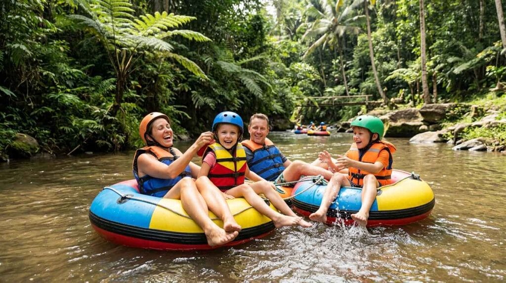 Kids enjoying a family tubing adventure in Bali