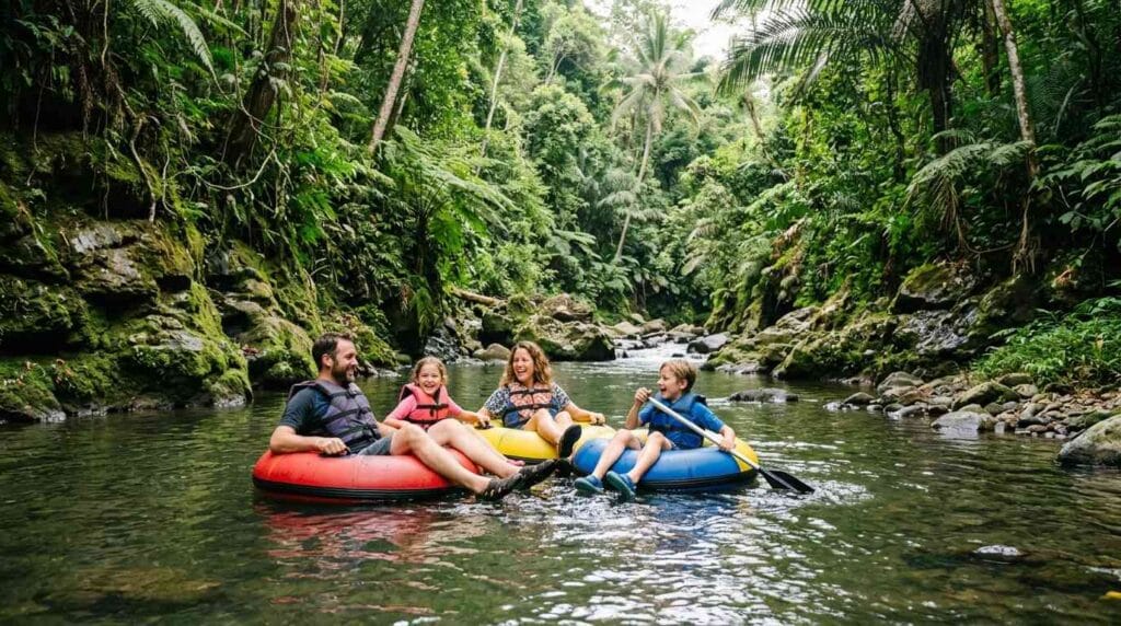 Family enjoying Bali tubing for kids on a tropical river