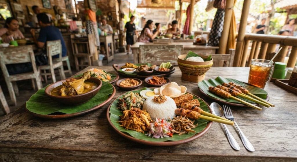 Bali Asian Cuisine with traditional Balinese food including nasi campur and sate lilit