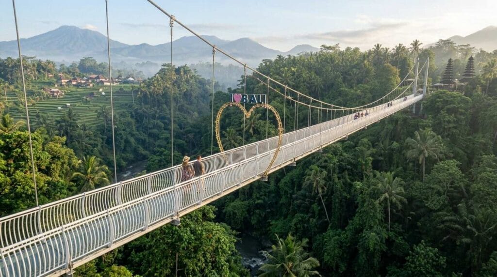 Visitors walking across Bali Glass Bridge Ubud