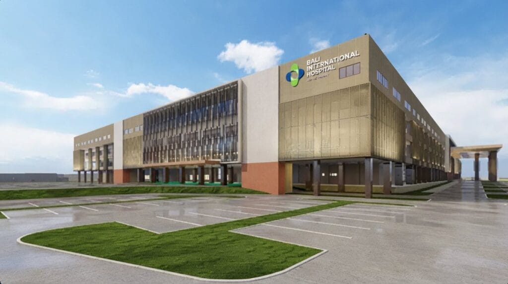 Best Hospital in Bali for Tourists with a modern international hospital entrance in Bali