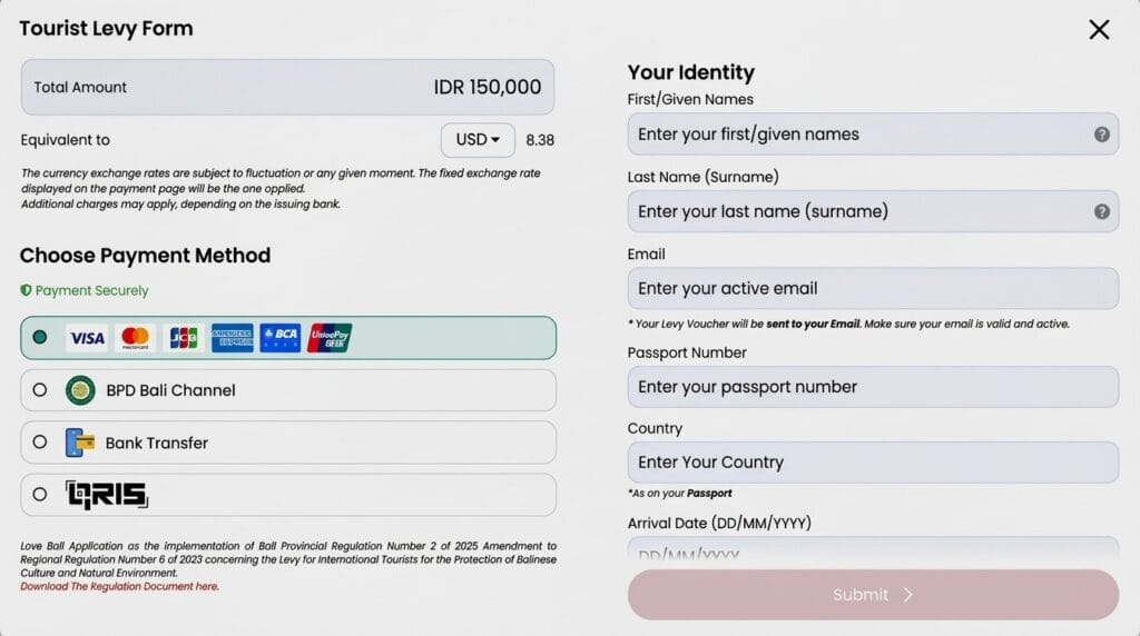Bali Tourist Tax online levy payment form