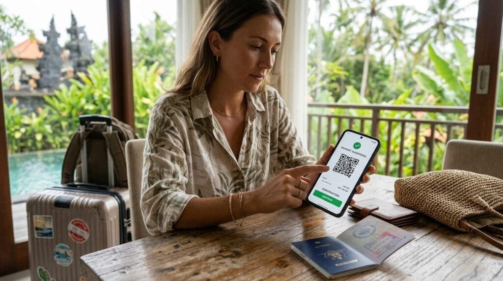 Tourist showing Bali Tourist Tax barcode on smartphone